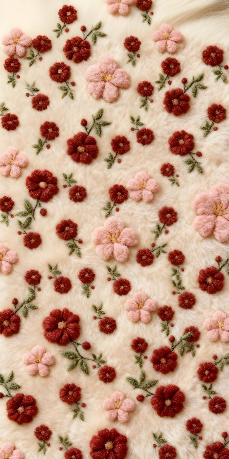 Floral embroidery wallpaper with an aesthetic wallpapers style, designed as a soft and detailed wallpaper for iPhone use. This wallpaper features warm cream fabric, plush embroidered flowers, and a cozy handcrafted mood for lock screen and home screen displays.