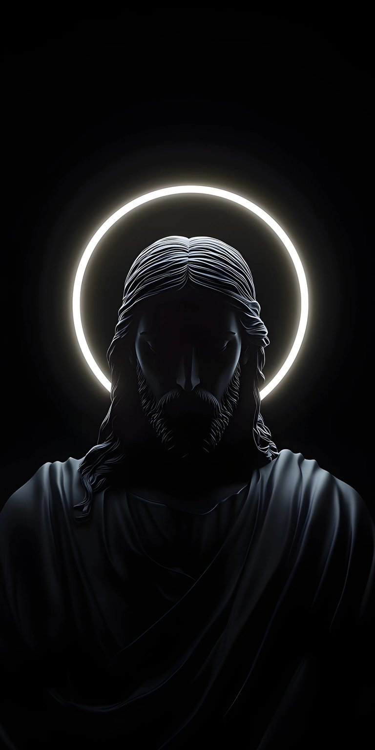 Download this stunning 4K Jesus Christ wallpaper for your iPhone, showcasing a dark, statuesque figure illuminated by a glowing halo. The intricate details of his hair and draped robe are striking in this high-resolution wallpaper.