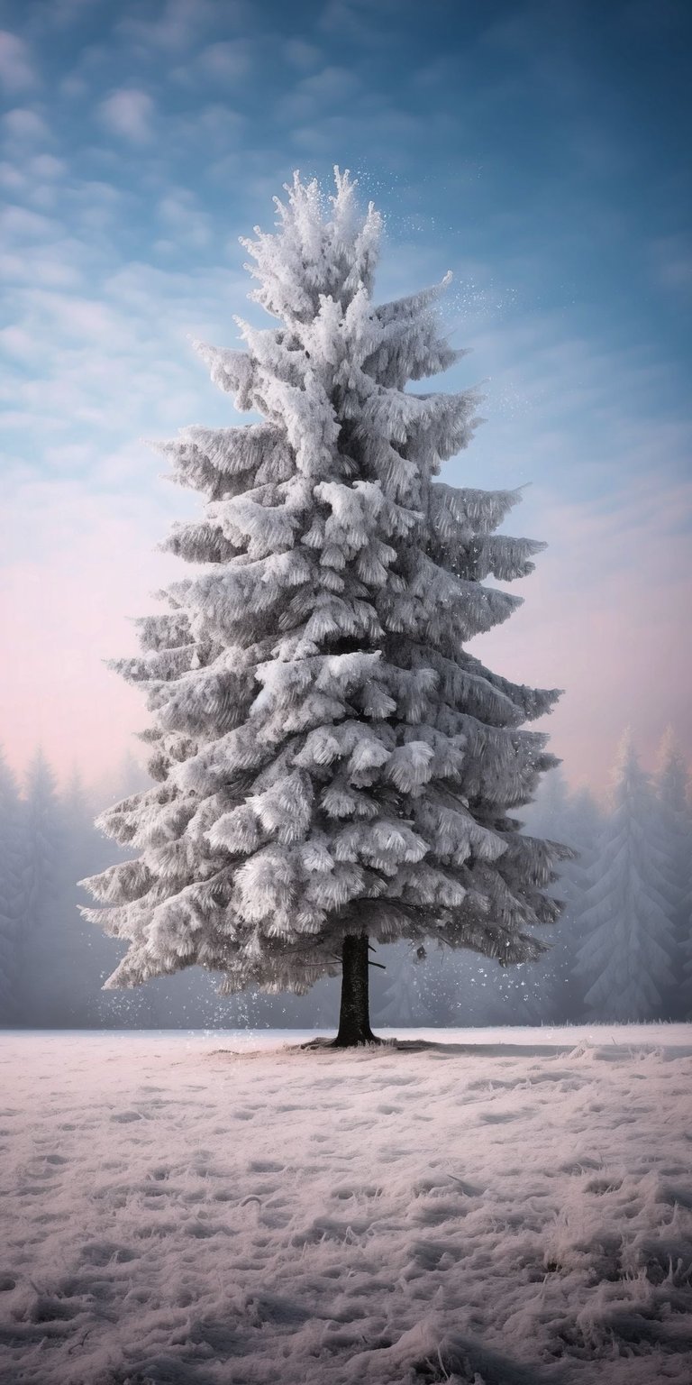 Snowy pine tree on winter phone wallpaper