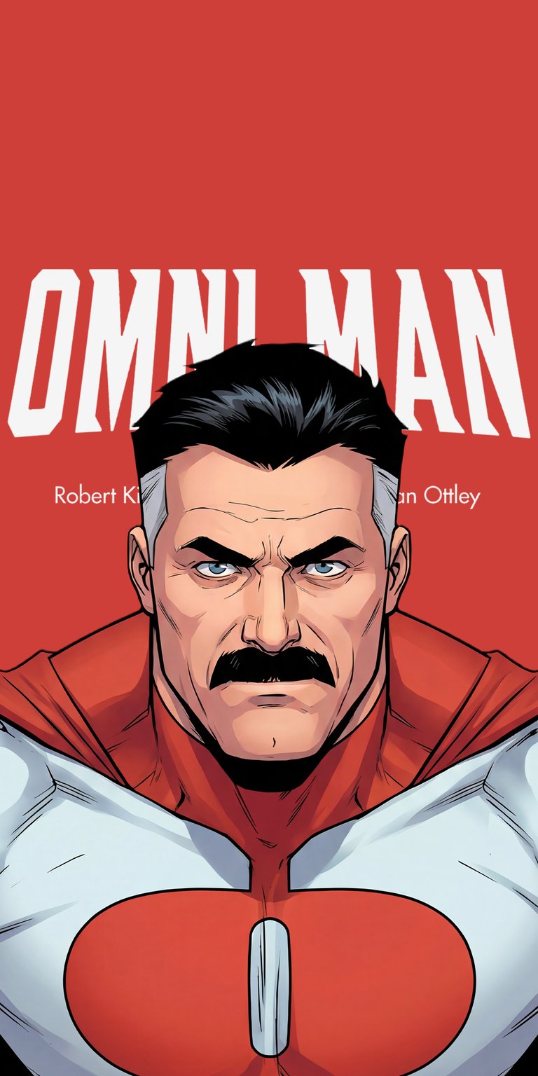 Download this Omni-Man 4K wallpaper for your iPhone, featuring his intense gaze and signature mustache. This crisp wallpaper captures Omni-Man's iconic red and white costume against a bold red background.