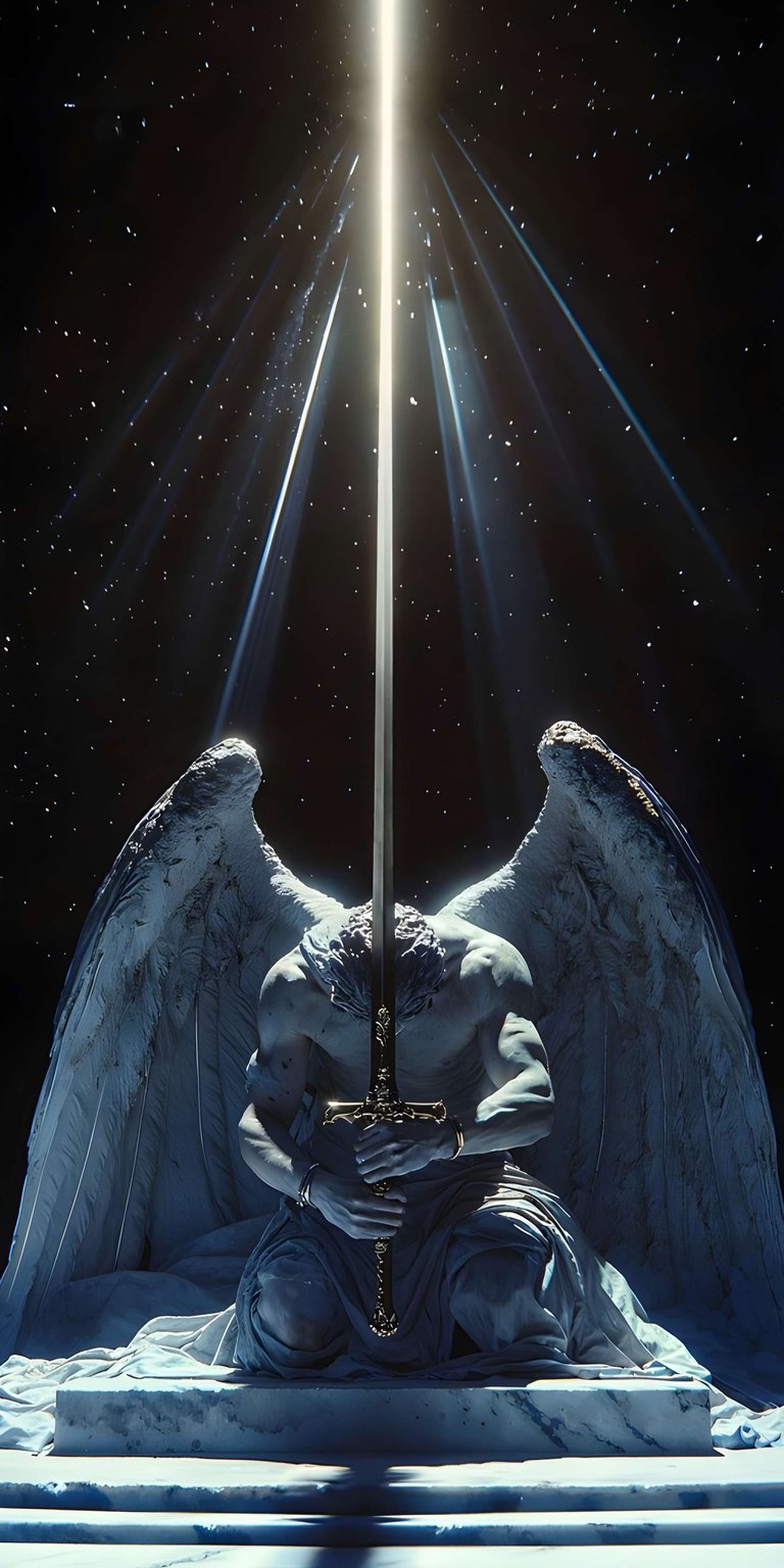 Download this stunning Angel Statue 4K wallpaper for your iPhone, featuring a statue holding a sword beneath a radiant beam of light against a star-filled background. This captivating wallpaper showcases feathered wings and a marbled platform.