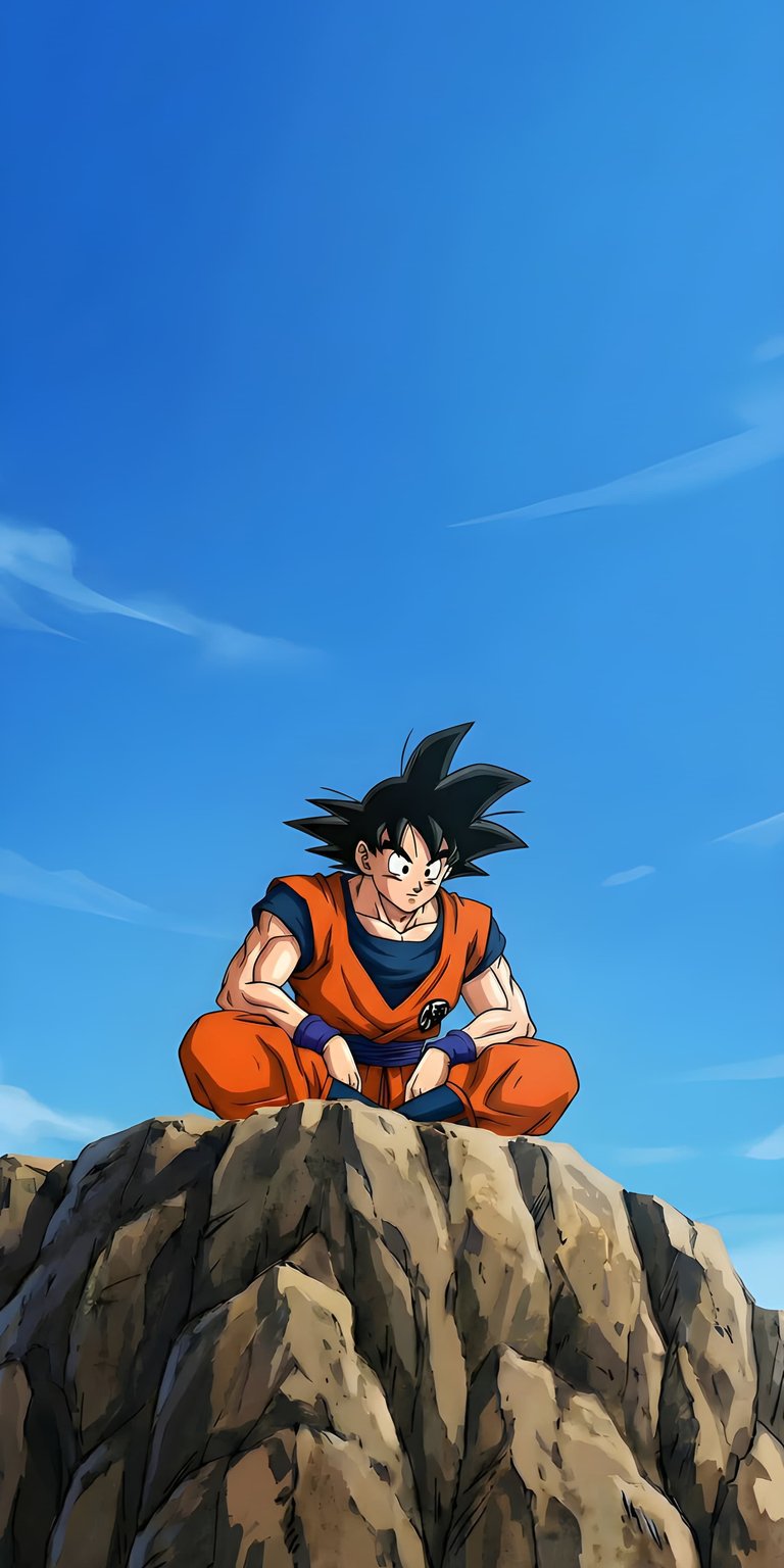 A peaceful 4K wallpaper showing Goku in deep meditation on a high mountain cliff. This iPhone wallpaper captures a serene moment of training with sharp detail and bright colors.