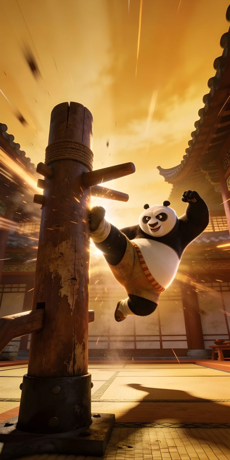 Kung Fu Panda 4K Wallpaper features Po in a dynamic martial arts pose with warm golden lighting and cinematic depth. This vibrant wallpaper energizes your iPhone lock screen and home screen with bold action and rich colors, perfect for aesthetic wallpapers fans.