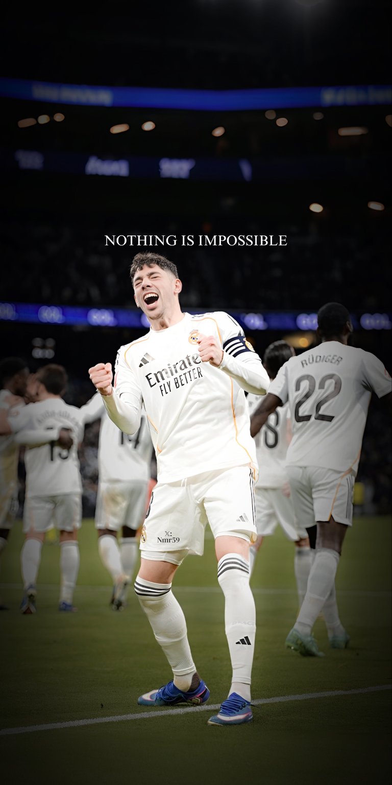 Federico Valverde Static wallpaper featuring the midfielder celebrating in a white kit under bright stadium lights. This wallpaper captures motion, energy, and cinematic depth in a bold Aesthetic wallpapers style, perfect for iPhone lock screen and home screen.