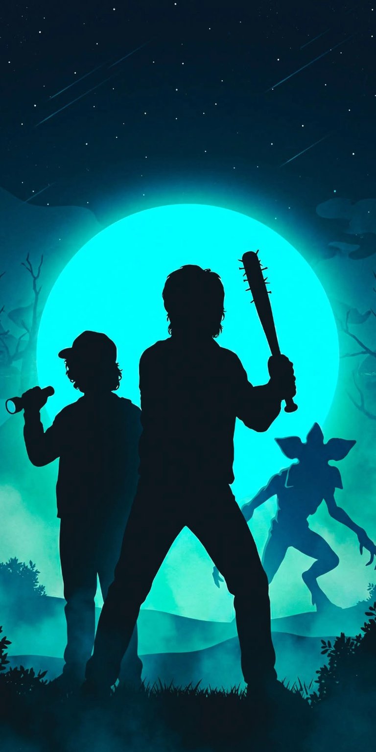 Get this Stranger Things wallpaper in stunning 4K for your iPhone, featuring the silhouetted group under a glowing moon, with a Demogorgon lurking nearby. This wallpaper showcases a boy with a baseball bat, another with a flashlight, and a starry night sky.