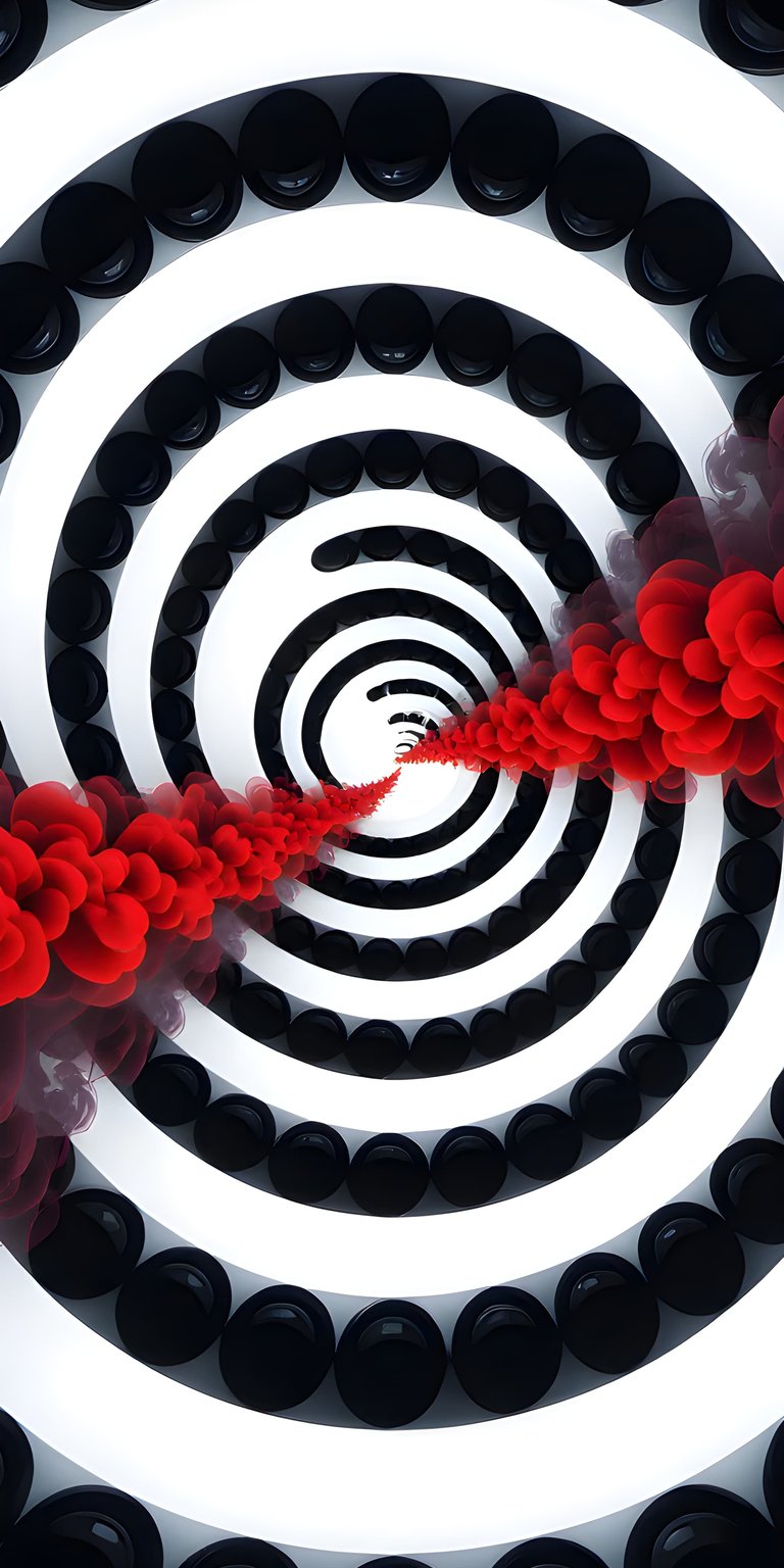 This 4K 3D wallpaper features a deep perspective of concentric white rings and black spheres. A vibrant red smoke trail cuts through the center of the abstract wallpapers design, creating a high-contrast look for your iPhone.