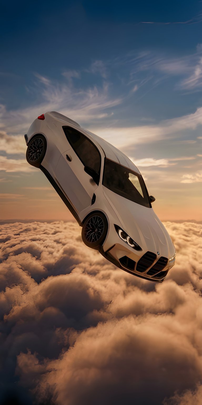An immersive BMW 3D wallpaper featuring a white luxury vehicle floating above a sea of clouds. This aesthetic wallpaper utilizes depth to create a unique spatial look on your iPhone screen.