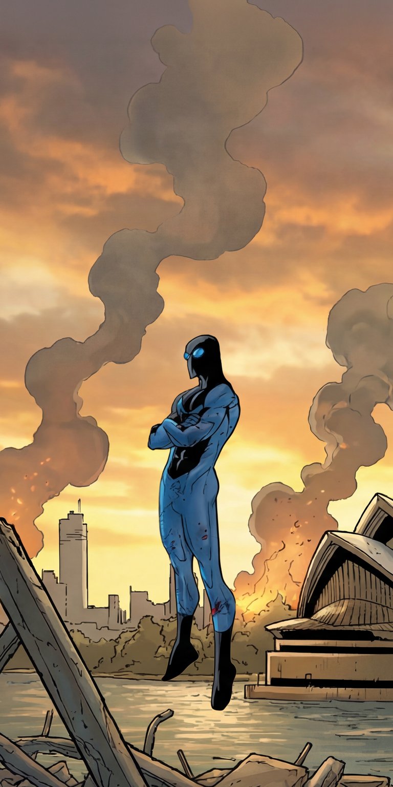 This aesthetic wallpaper features Night Thrasher standing before the ruined Sydney Opera House during a smoke-filled sunset. Perfect for iPhone, this 4K wallpaper offers a gritty, cinematic mood with striking blue armor against an orange sky.