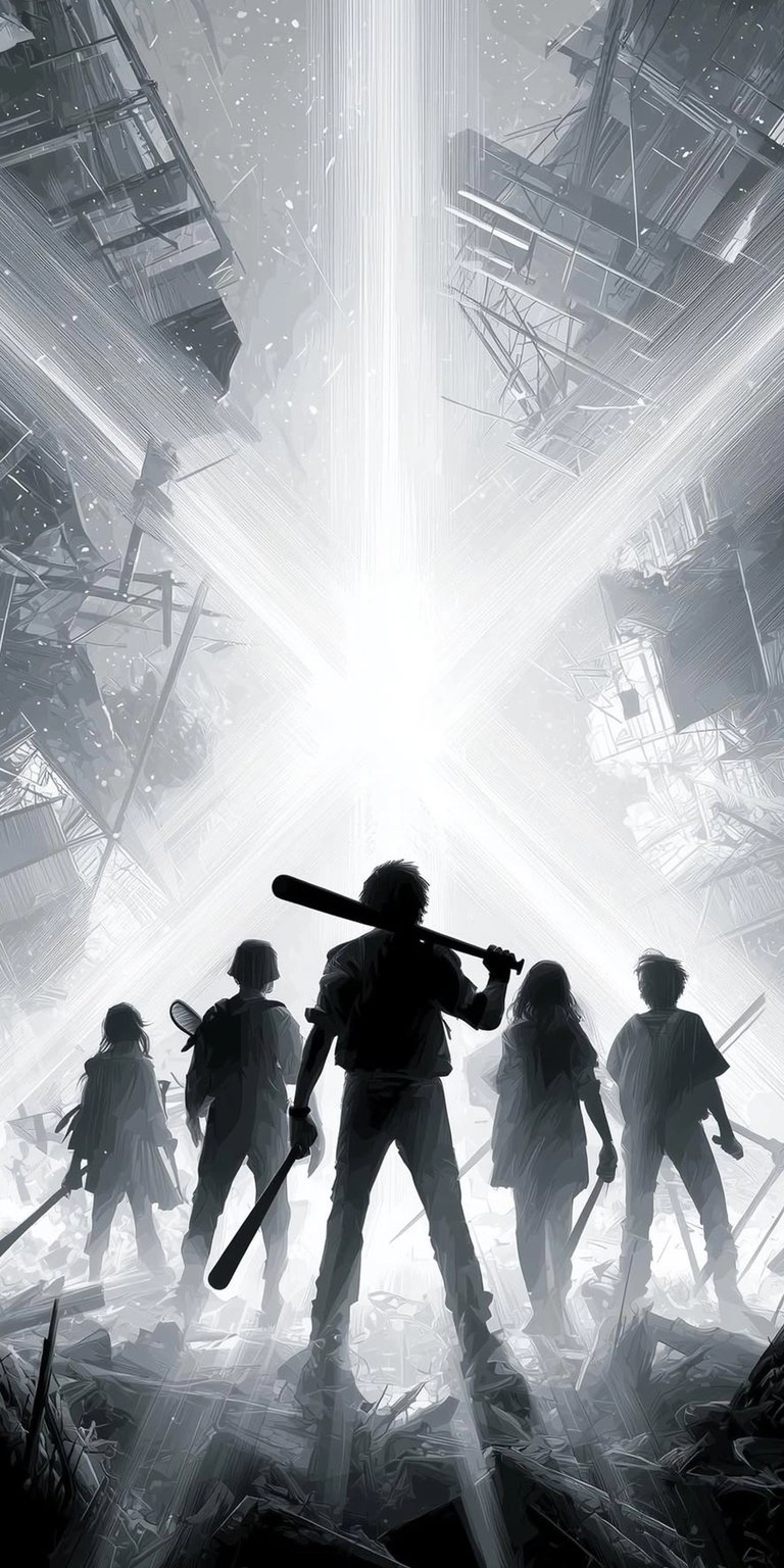 Download this gripping The Last of Us wallpaper in 4K for your iPhone. This monochrome wallpaper features a group of survivors standing on rubble beneath a fractured city skyline, with a bright light shining down.