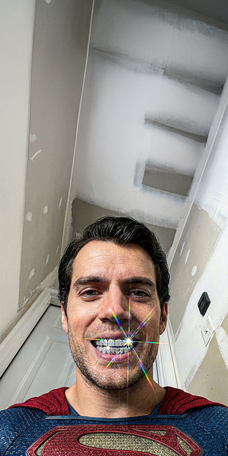 This 4K aesthetic wallpaper features Henry Cavill as Superman showing off iced-out diamond grillz. Ideal for your iPhone, this wallpaper captures a humorous urban vibe with bright indoor lighting and shimmering rainbow lens flares.