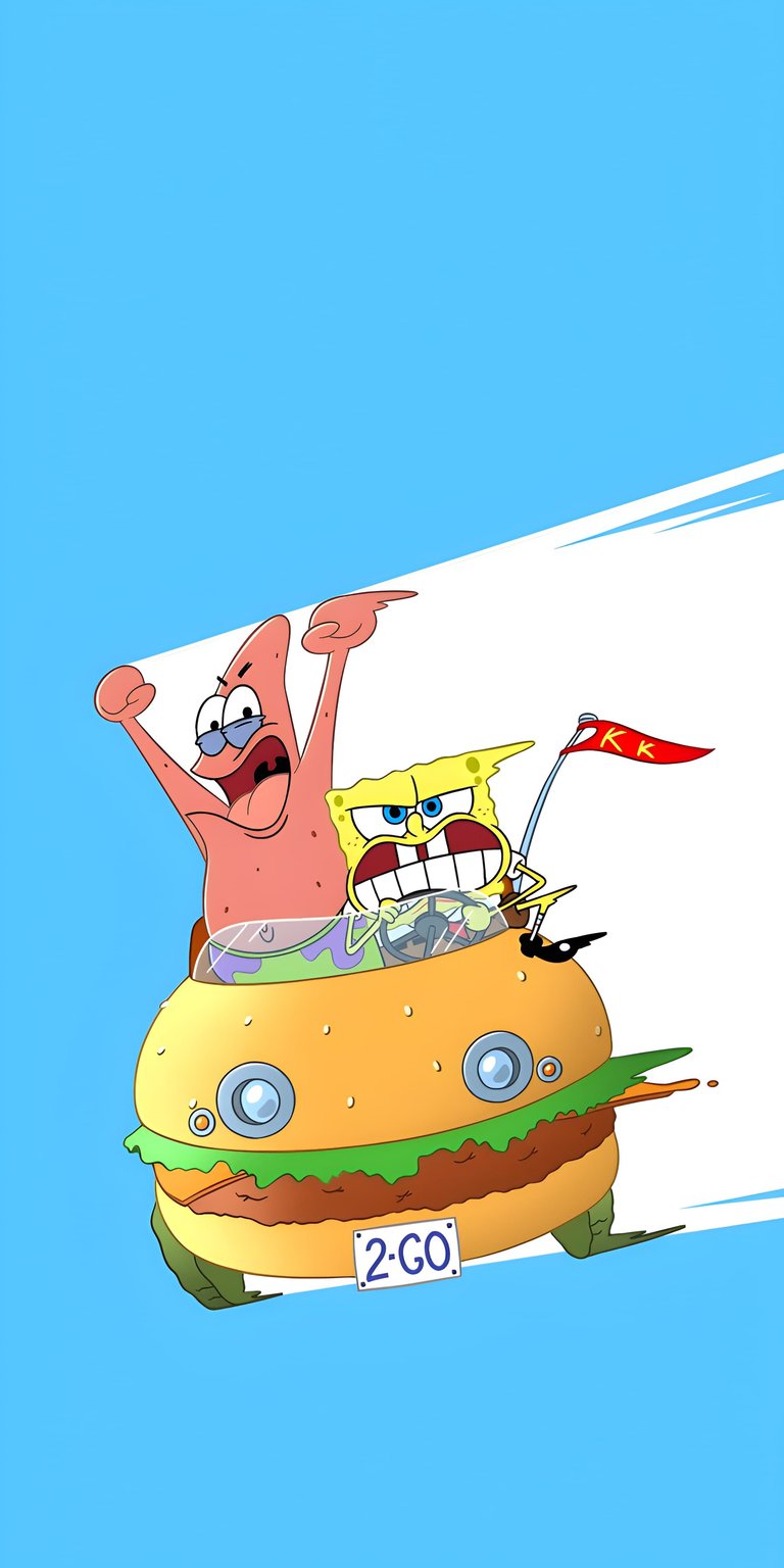 This SpongeBob and Patrick Patty Wagon 4K wallpaper captures the iconic duo in a high-speed chase across a vibrant blue background. Designed as an aesthetic wallpapers choice for iPhone, it features bold character outlines and a crisp, minimalist composition perfect for any home screen.