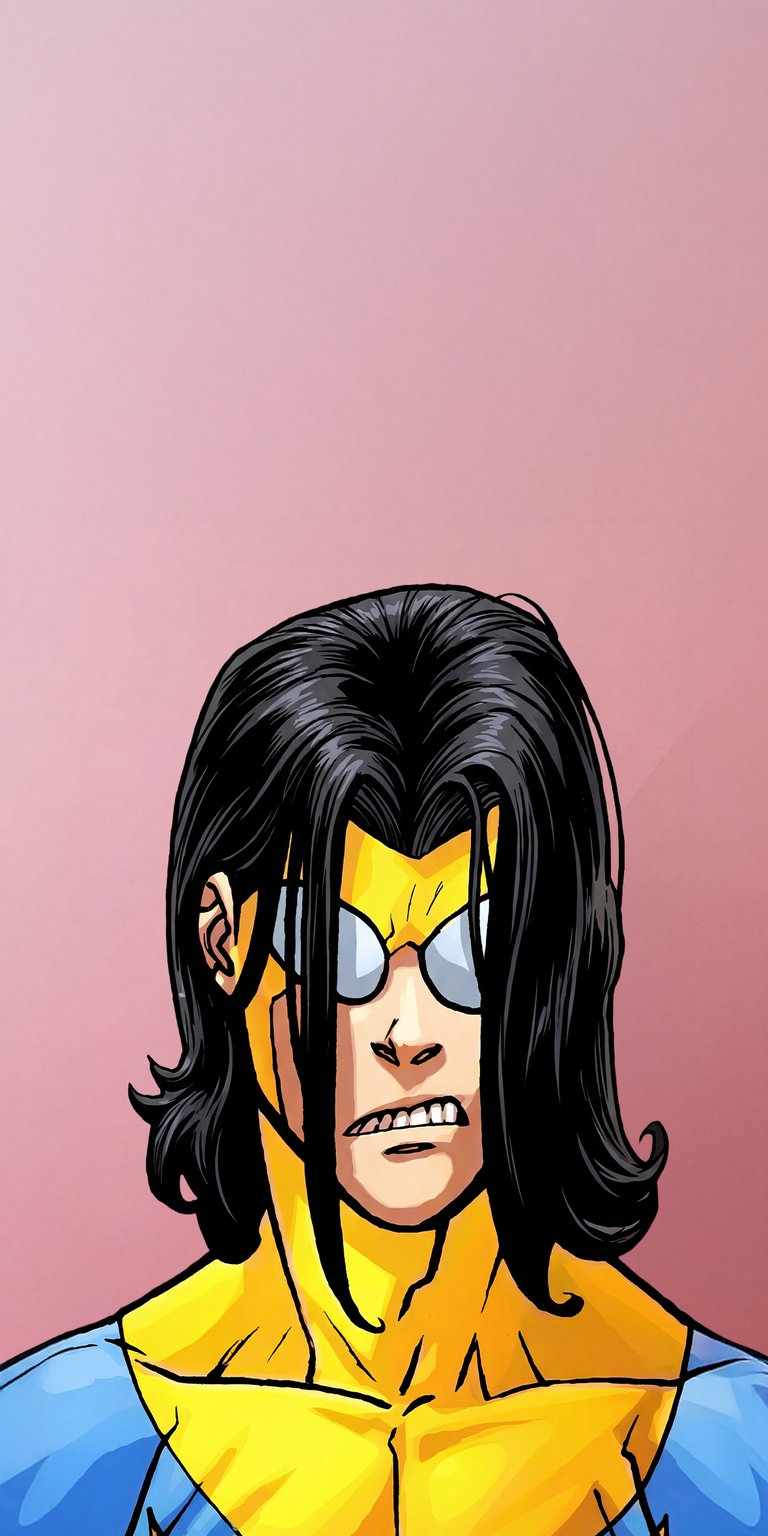 Invincible portrait anime wallpaper designed as an aesthetic wallpapers style wallpaper for iPhone. This wallpaper features bold comic colors, flat lighting, and a confident heroic mood with clean depth.