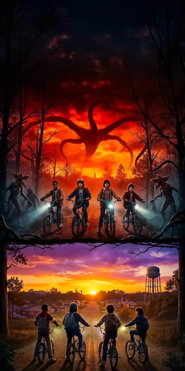 Get this epic Stranger Things wallpaper in 4K resolution for your iPhone! This wallpaper features the friends riding bikes as Demogorgons lurk under a fiery sky and they ride into a sunset.
