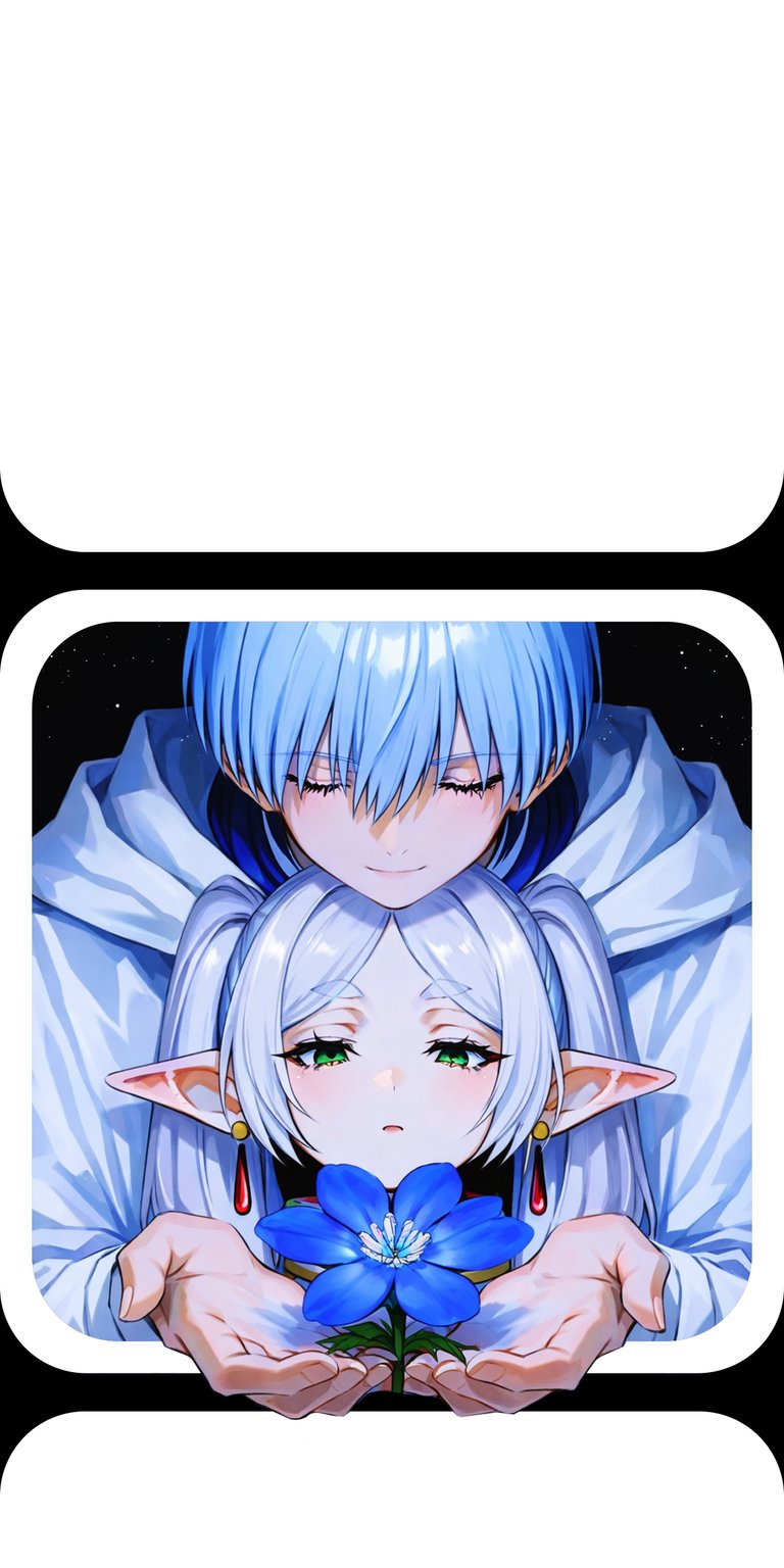 This Aesthetic wallpapers choice features a serene 4K scene of Frieren and Himmel holding a glowing flower for your iPhone. The wallpaper showcases soft blue lighting and detailed character art against a dark, celestial background.