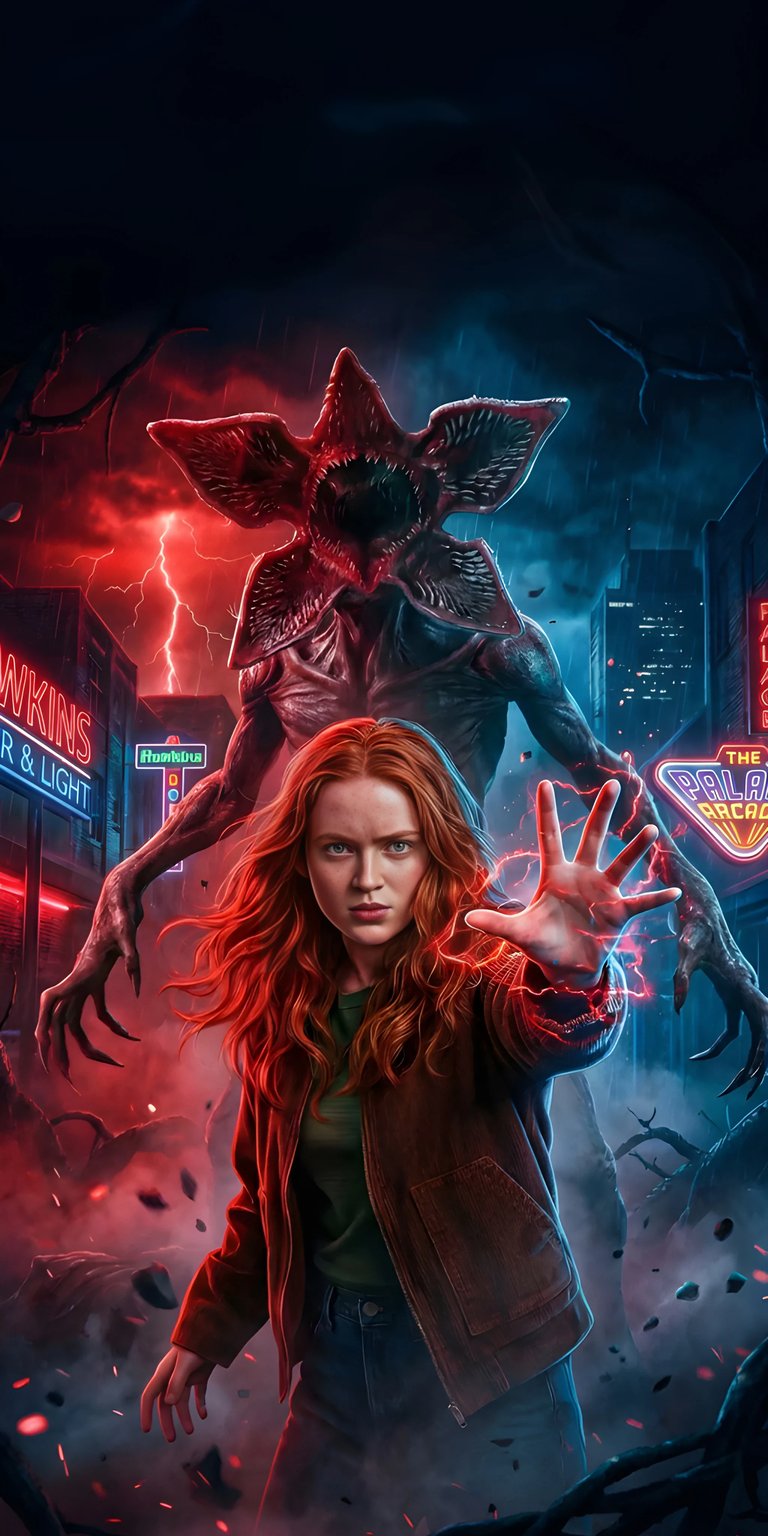 Get this electrifying 4K wallpaper of Max facing off against the Demogorgon, perfect for your iPhone. The dark, rain-soaked setting features glowing neon signs and Max using her powers with red lightning crackling from her hand.