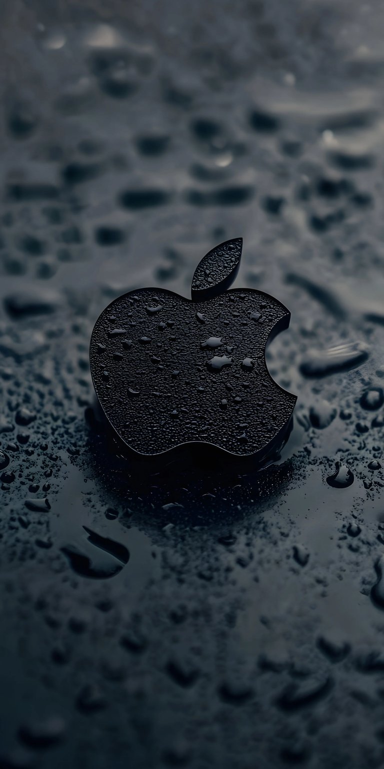 A sleek and modern depiction of the iconic Apple logo covered in realistic water droplets. This high-contrast dark mode wallpaper is specifically designed for OLED screens, offering a clean, sophisticated, and textured look for iPhone and iOS enthusiasts who prefer a minimalist aesthetic.
