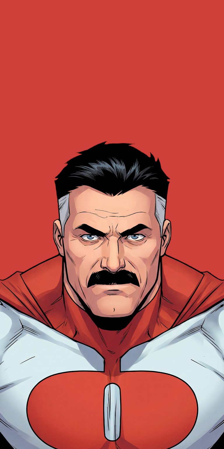 Get this Omni-Man 4K wallpaper for your iPhone, featuring his signature mustache and stern expression. This wallpaper showcases the crimson and white of his super suit against a bold red backdrop.