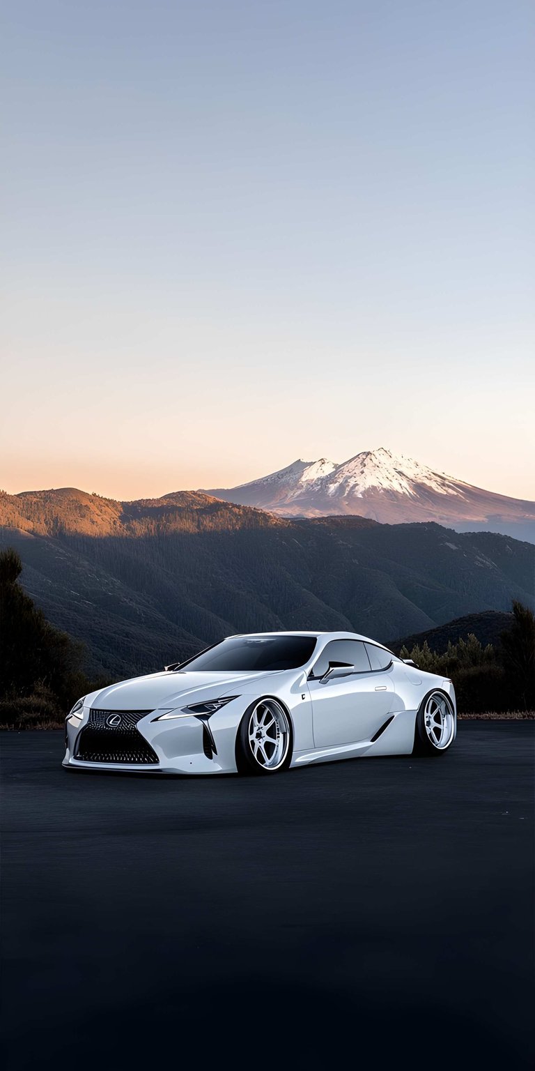 This 4K wallpaper features a modified widebody Lexus LC 500 parked against a breathtaking mountain sunset. This aesthetic wallpapers choice for iPhone captures the crisp white car body contrasting against the deep shadows and golden hour glow of the snowy peaks.