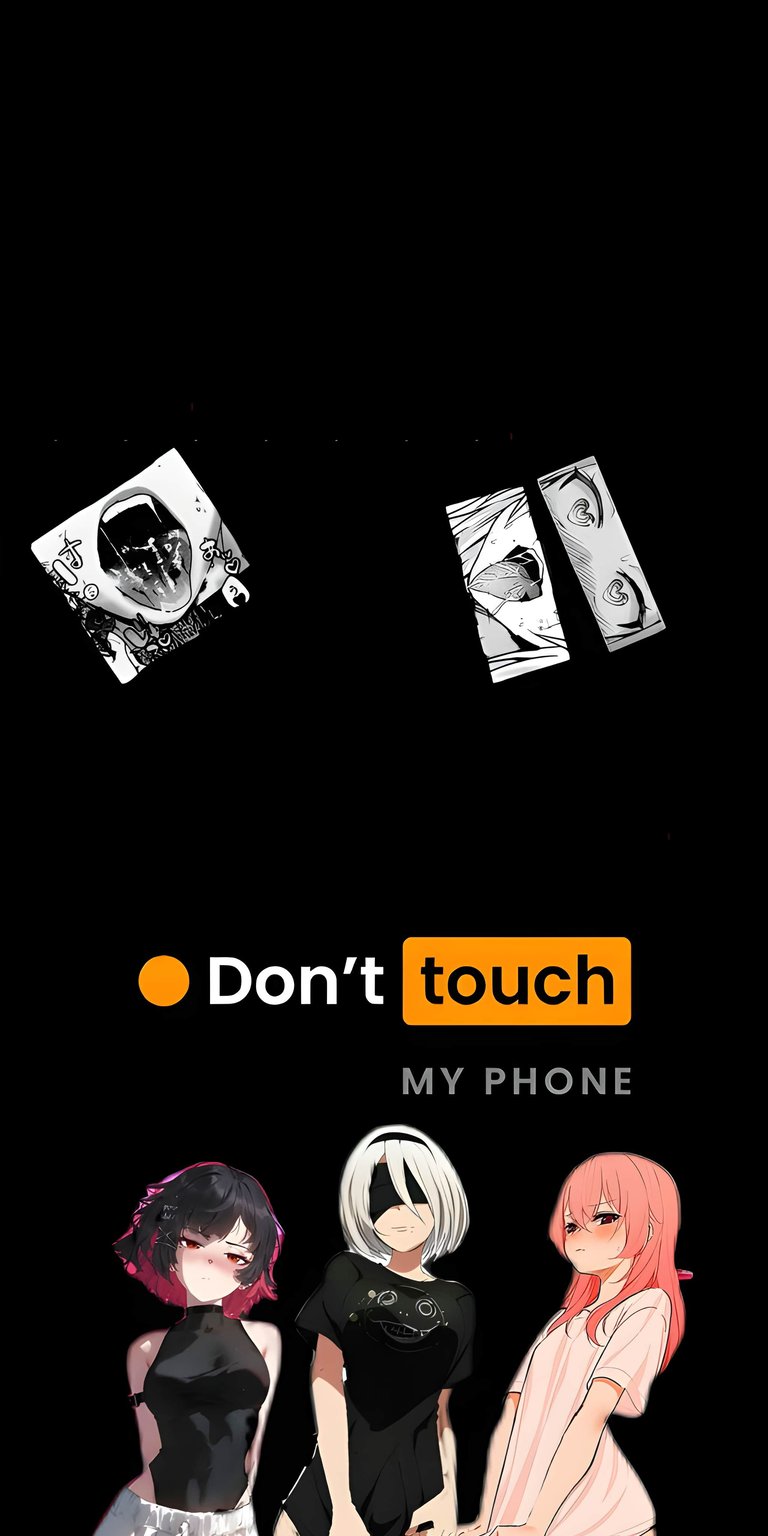 This 4K wallpaper features anime girls with a "Don't touch my phone" theme, perfect for iPhone users. Manga panels float above the characters with pink, black, and white color schemes.