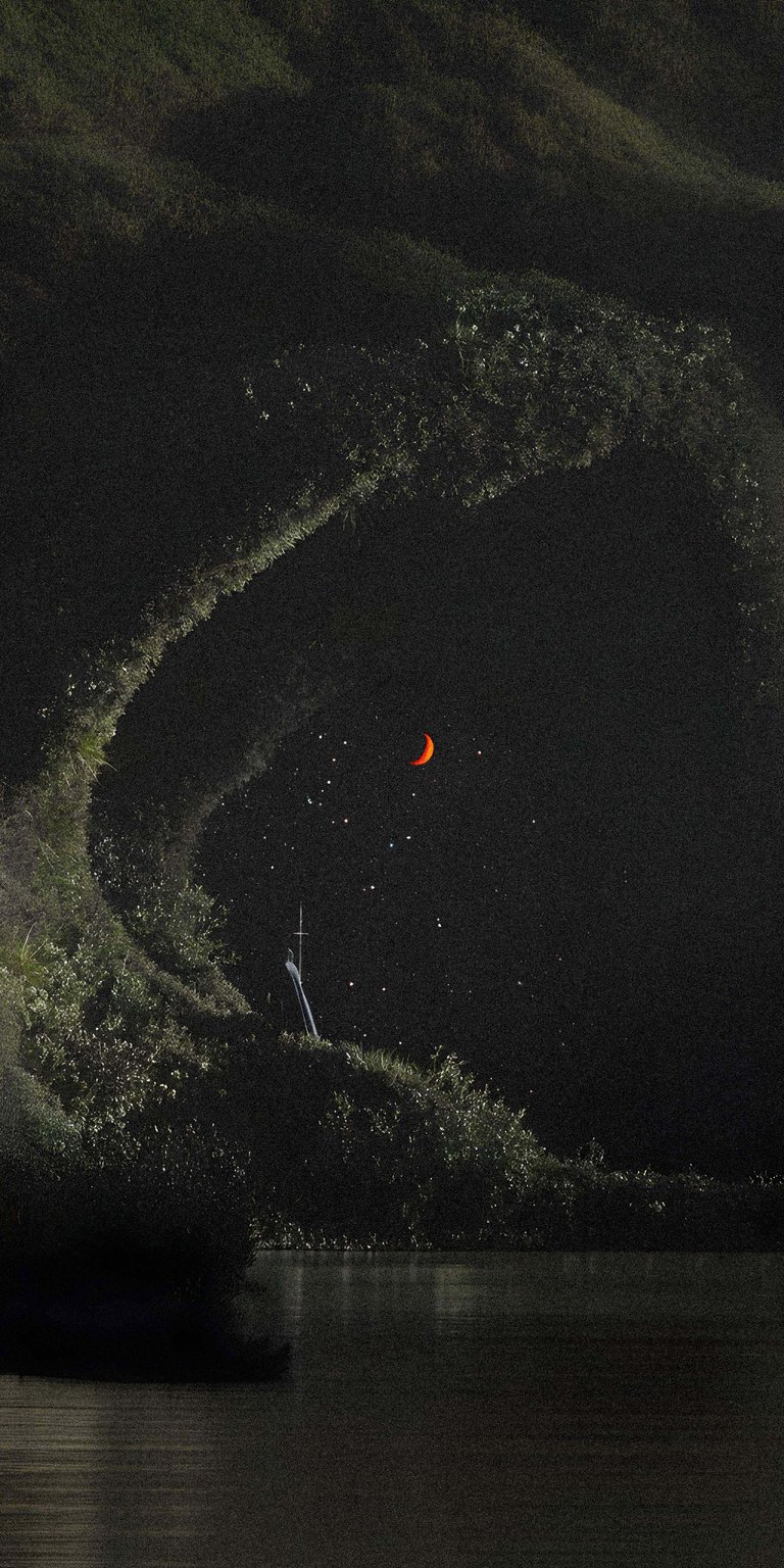 Download this striking Red Moon 4K wallpaper for your iPhone, showcasing a crescent moon surrounded by stars. This wallpaper features a unique, arching silhouette of foliage and the still surface of water, creating a serene and captivating night scene.