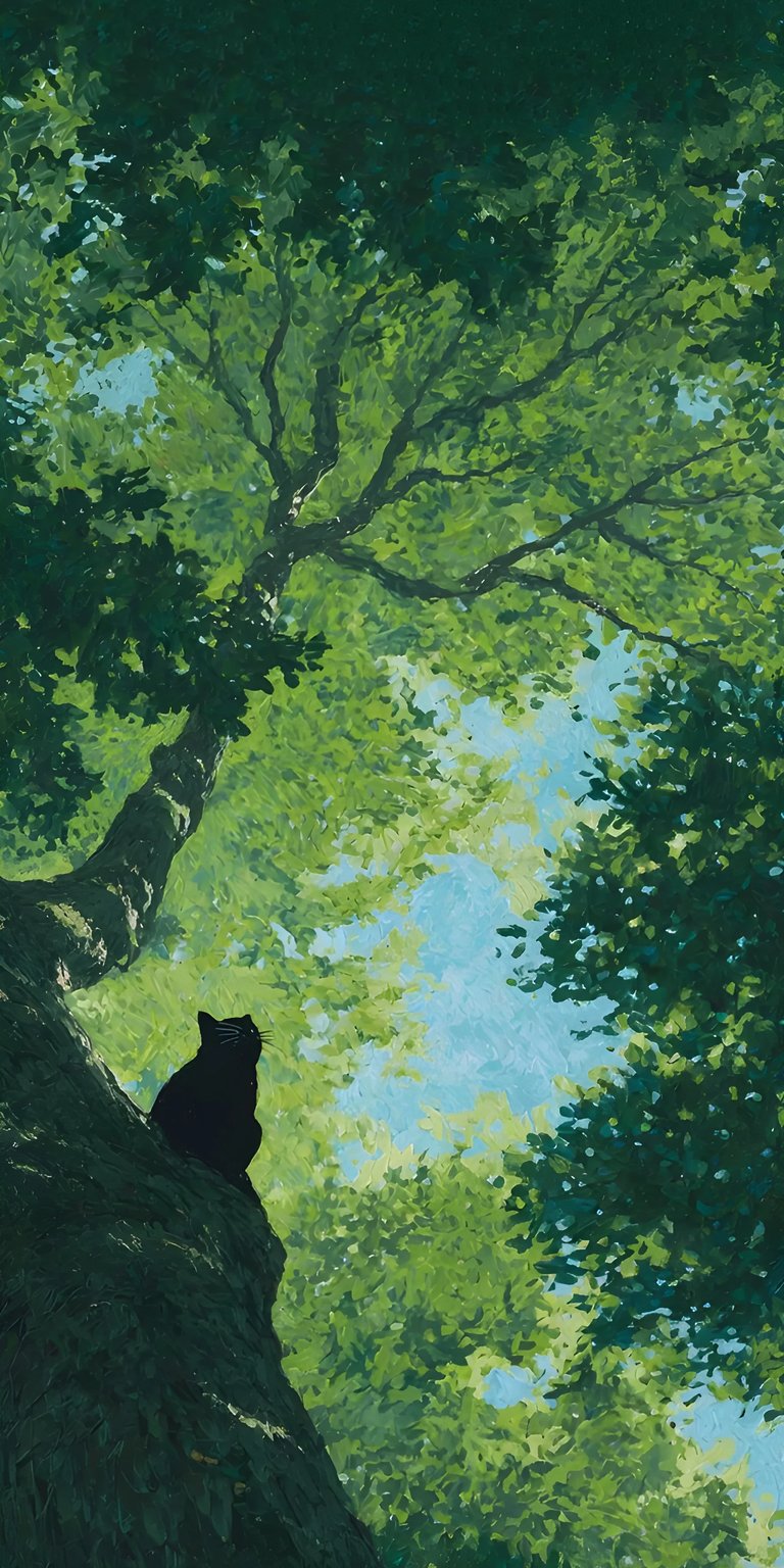 Cat in forest on the tree art iPhone Wallpaper