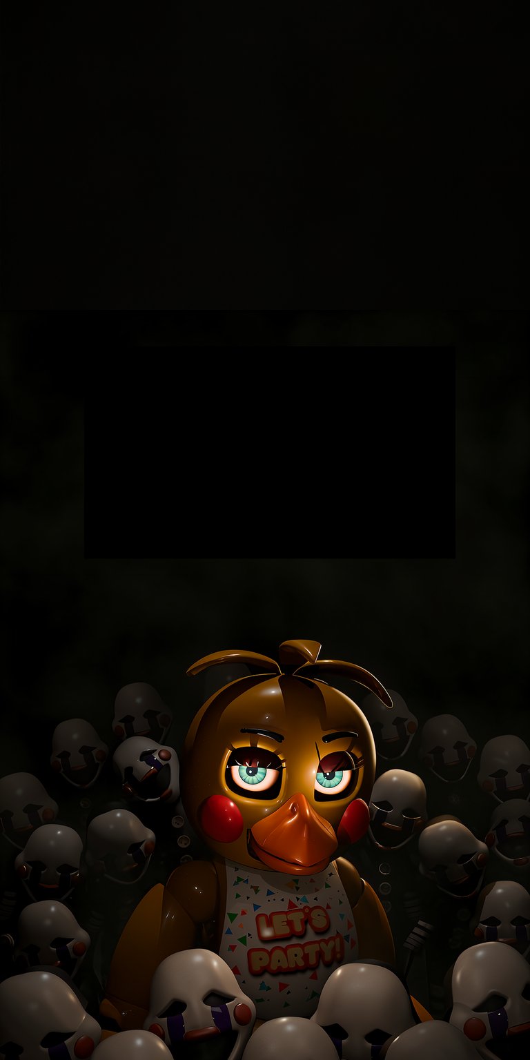 Download this eerie Chica 4K wallpaper for your iPhone, showcasing the animatronic surrounded by unsettling masks. This wallpaper highlights Chica's bright blue eyes and her "Let's Party" bib.