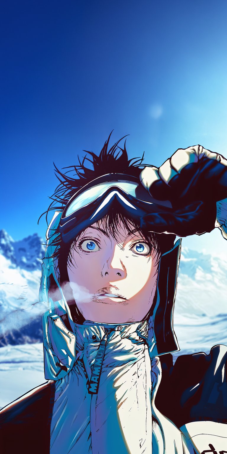 Capture the thrill of the slopes with this vibrant anime-style 4K wallpaper. Featuring a female skier wearing Mammut gear and reflective goggles, the art style blends high-fashion winter sports with a clean, cel-shaded aesthetic. The bright blue sky and crisp mountain air evoke a sense of adventure and "cool" winter vibes, perfect for fans of sports anime and outdoor exploration.