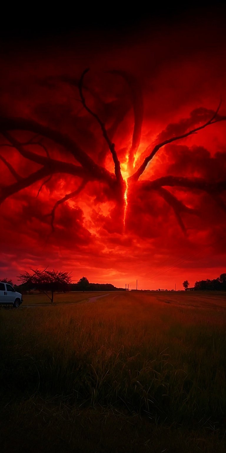 This striking Vecna 4K wallpaper is perfect for your iPhone, featuring a spooky red lightning storm and a road through a grassy field. Get this stunning wallpaper that captures the dark essence of the Upside Down.