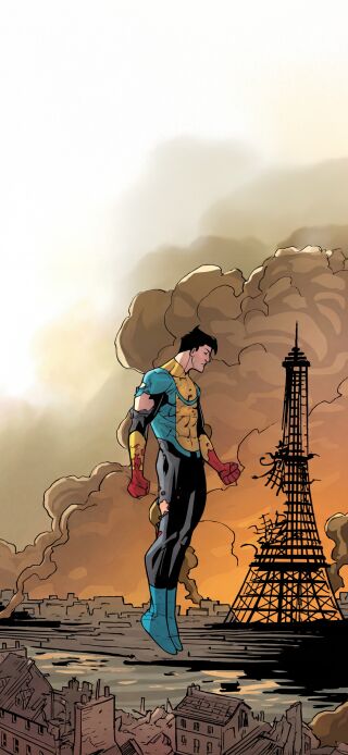 Download this Invincible 4K wallpaper for your iPhone today! This wallpaper features the Eiffel Tower with rubble and smoke, where a hero suddenly appears to save the day.