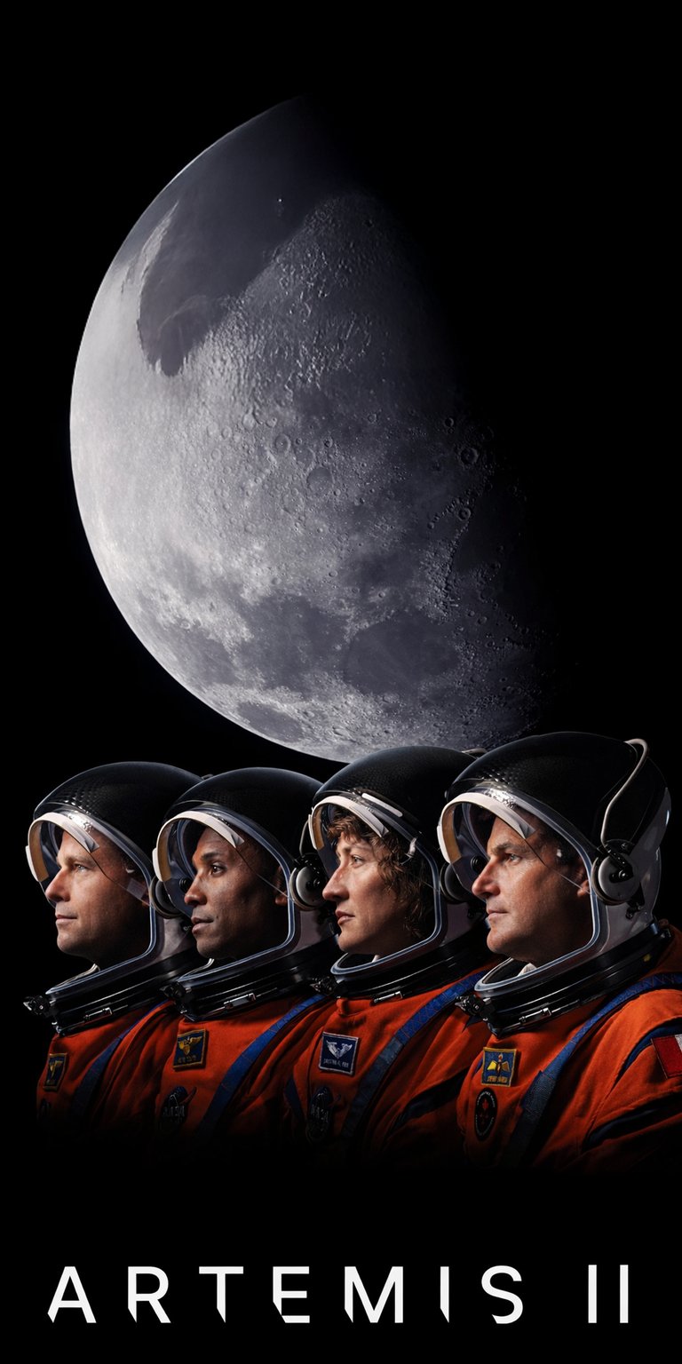 Download this Artemis II 4K wallpaper for your iPhone featuring four astronauts in orange suits and helmets. This striking wallpaper showcases the textured surface of the moon and the bold "ARTEMIS II" text.