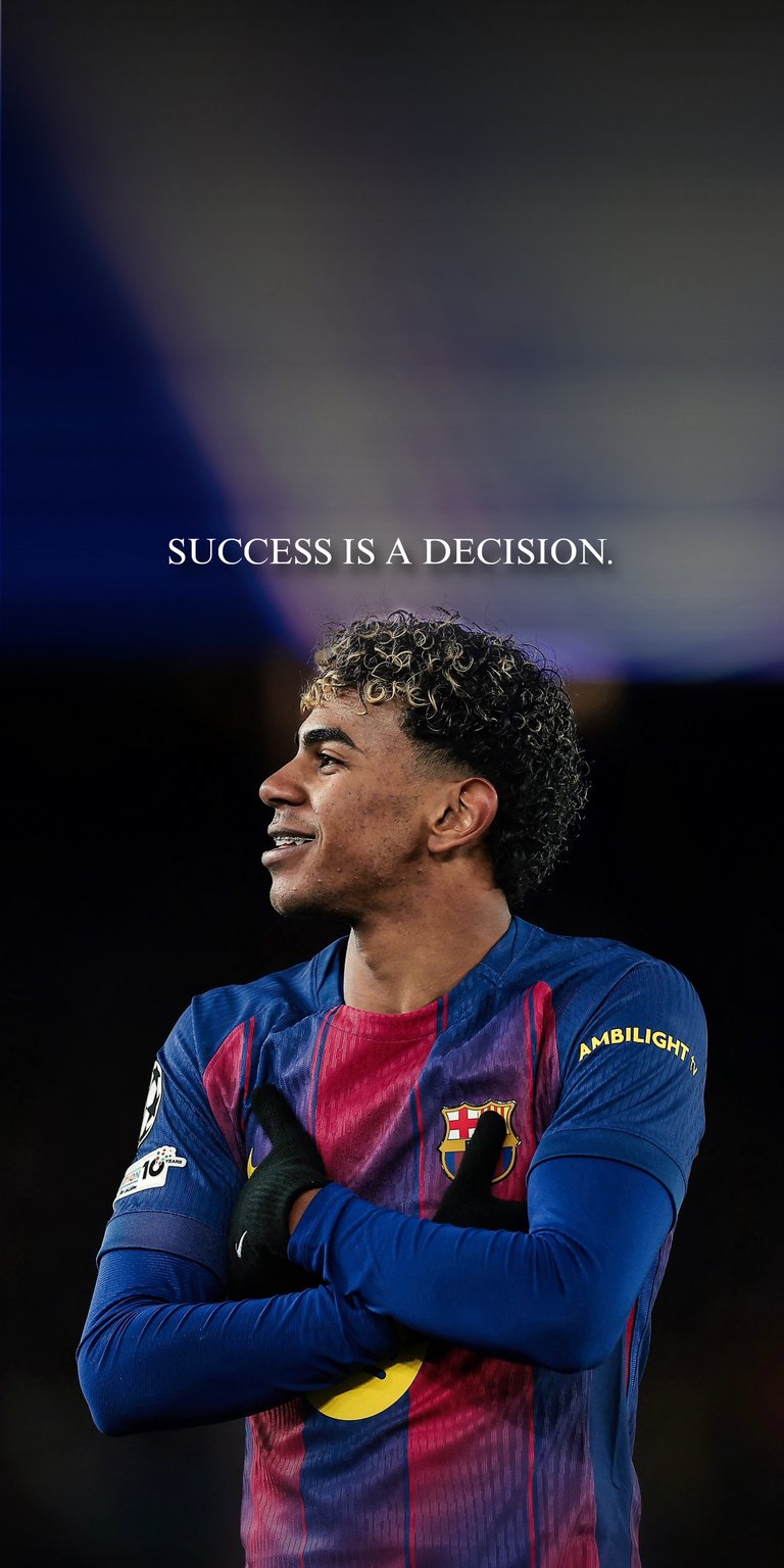 Elevate your mobile device with this Lamine Yamal wallpaper featuring the powerful "Success is a Decision" quote. This 4K wallpaper utilizes vibrant Barcelona colors and sharp portrait clarity to create a stunning lock screen for young football fans.