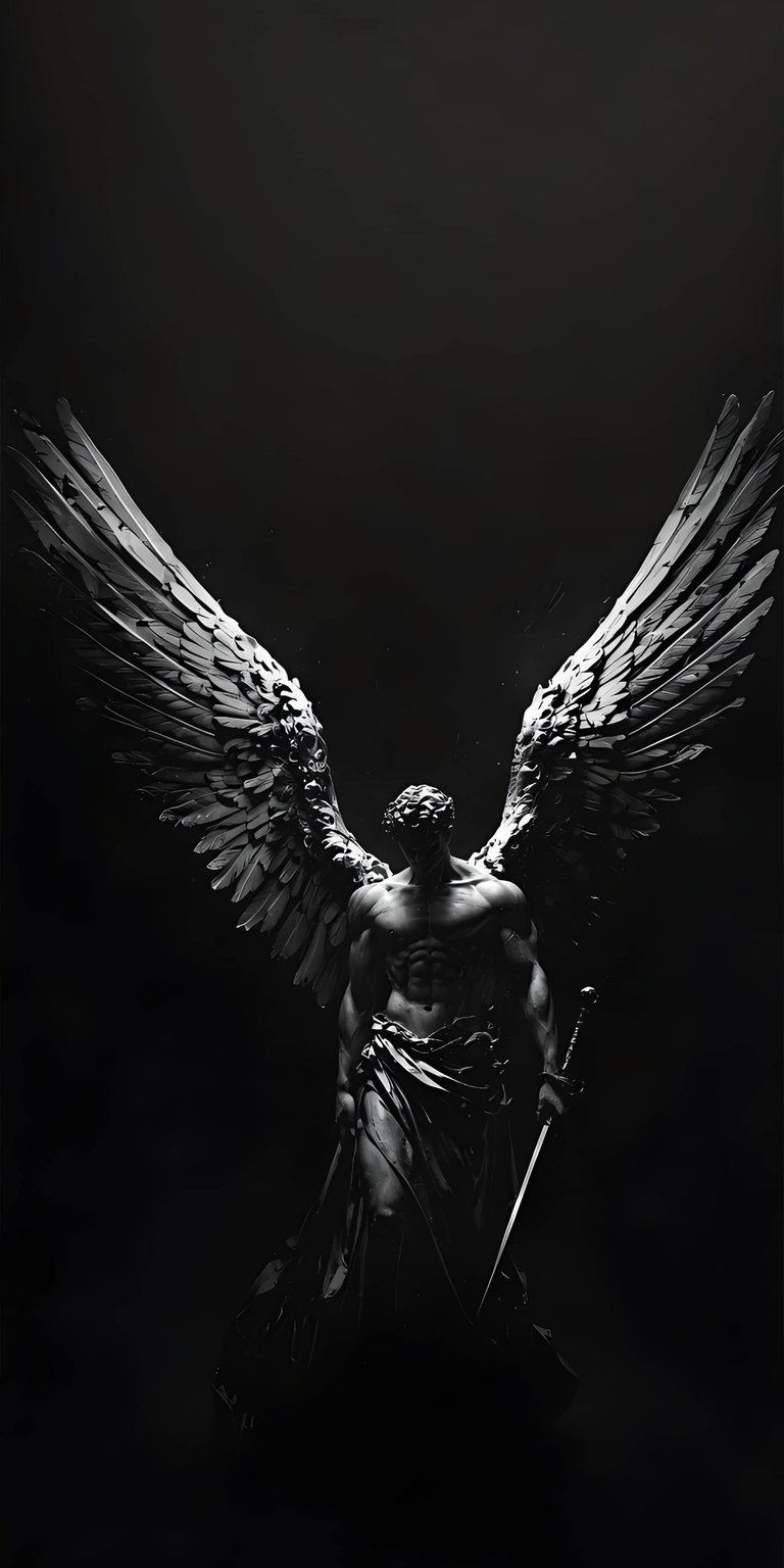 Download this striking Angel wallpaper in 4K for your iPhone today. The monochrome wallpaper features a muscular angel figure, with impressive wings spread wide and holding a sword.