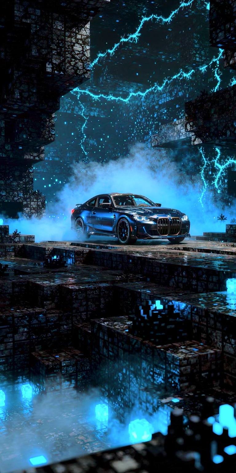 A side-angle view of a BMW M4 parked amidst swirling blue smoke and lightning. The car sits on a fractured, blocky terrain that mimics industrial debris, blending heavy metal textures with ethereal blue light for a moody, high-contrast look.