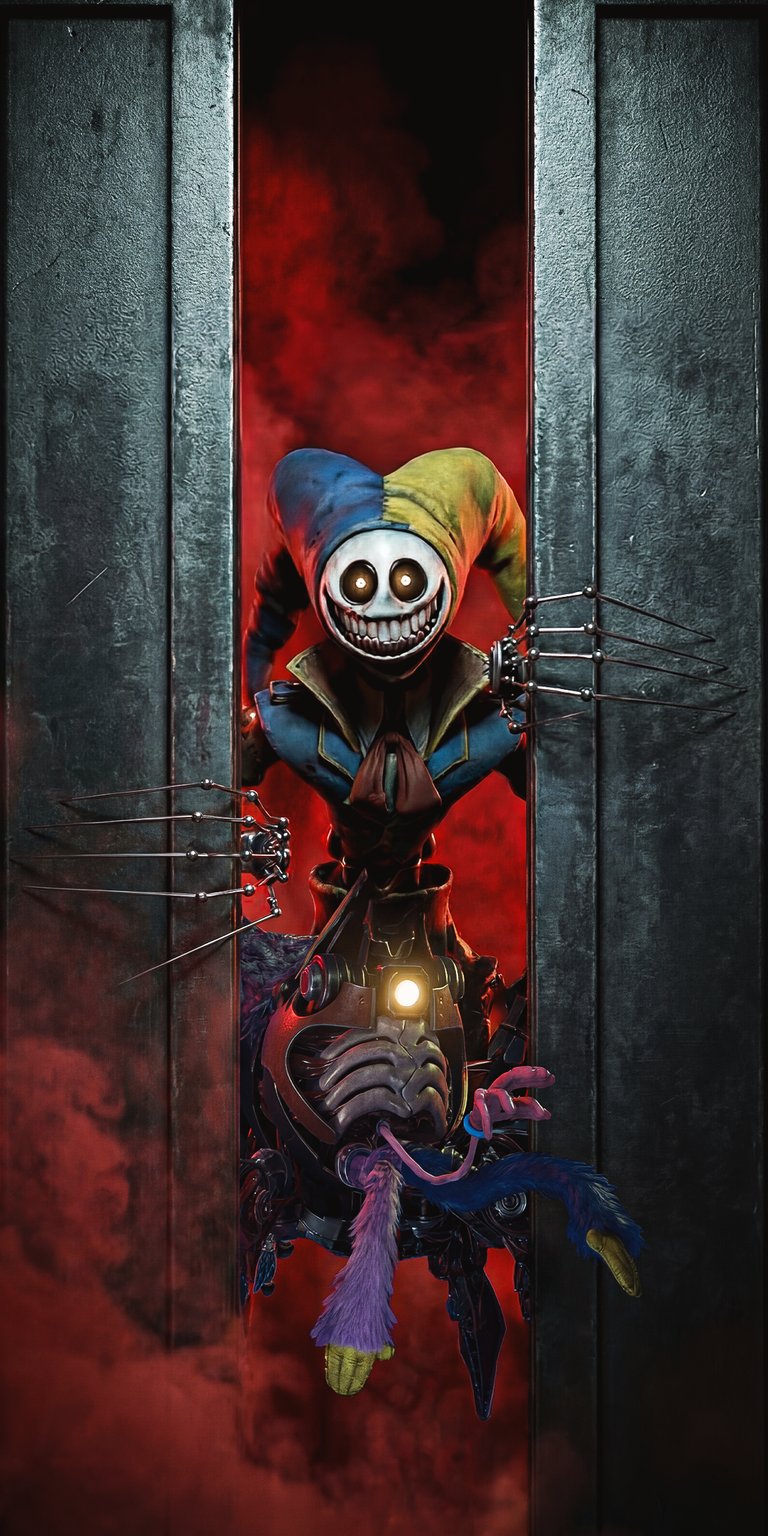 This Jax horror wallpaper features the character with a creepy grin emerging from dark red smoke. It is a striking aesthetic wallpaper for your iPhone lock screen.