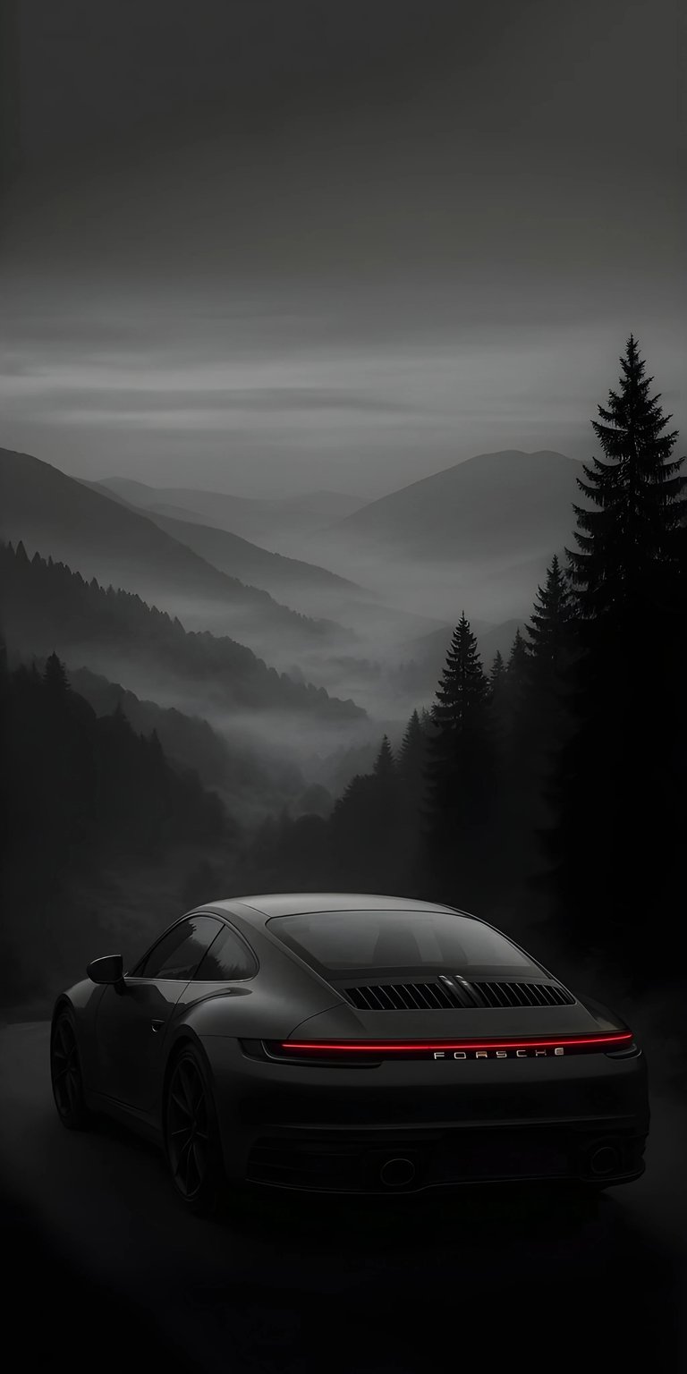 Download this Porsche 4K wallpaper for your iPhone, showcasing a sleek sports car against a backdrop of misty, mountainous terrain and dark silhouetted pine trees. This stunning wallpaper brings a touch of elegance to your device.