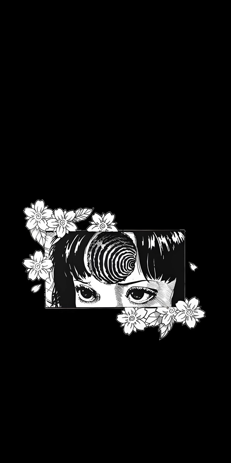 Download this Junji Ito 4K wallpaper for your iPhone, featuring a close-up of eyes, one with a swirling vortex, framed by delicate flowers. This stunning wallpaper captures a blend of beauty and horror, making it a unique addition to your phone.