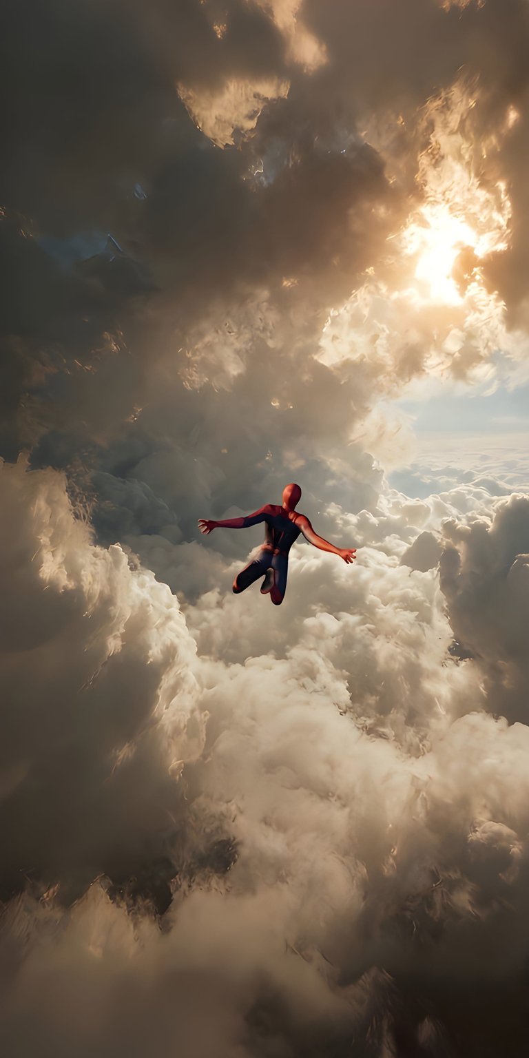 Download this stunning Spiderman wallpaper in 4K for your iPhone, featuring Spiderman soaring through fluffy clouds under a warm, golden sunlight. This dynamic wallpaper captures the iconic superhero in mid-air with arms outstretched.