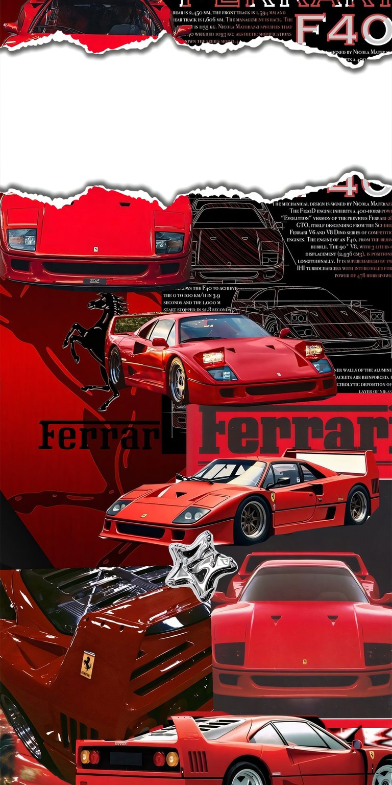 This iconic Ferrari F40 4K wallpaper features a vibrant red collage of the legendary Italian supercar for your mobile device. Download this premium 4K wallpaper for phone to showcase the classic F40 silhouette and racing aesthetic on your home screen.