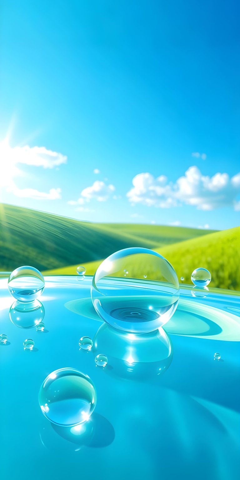 This stunning 4K wallpaper showcases water droplets sitting atop a blue surface, perfect for your iPhone. Notice the translucent spheres and the soft, green hills in the background, making this water wallpaper a must-have.