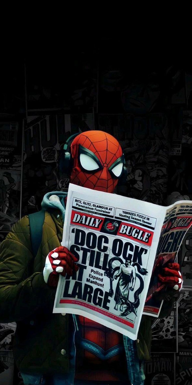 Spiderman reading newspaper with headphones wallpaper in 4k IOS