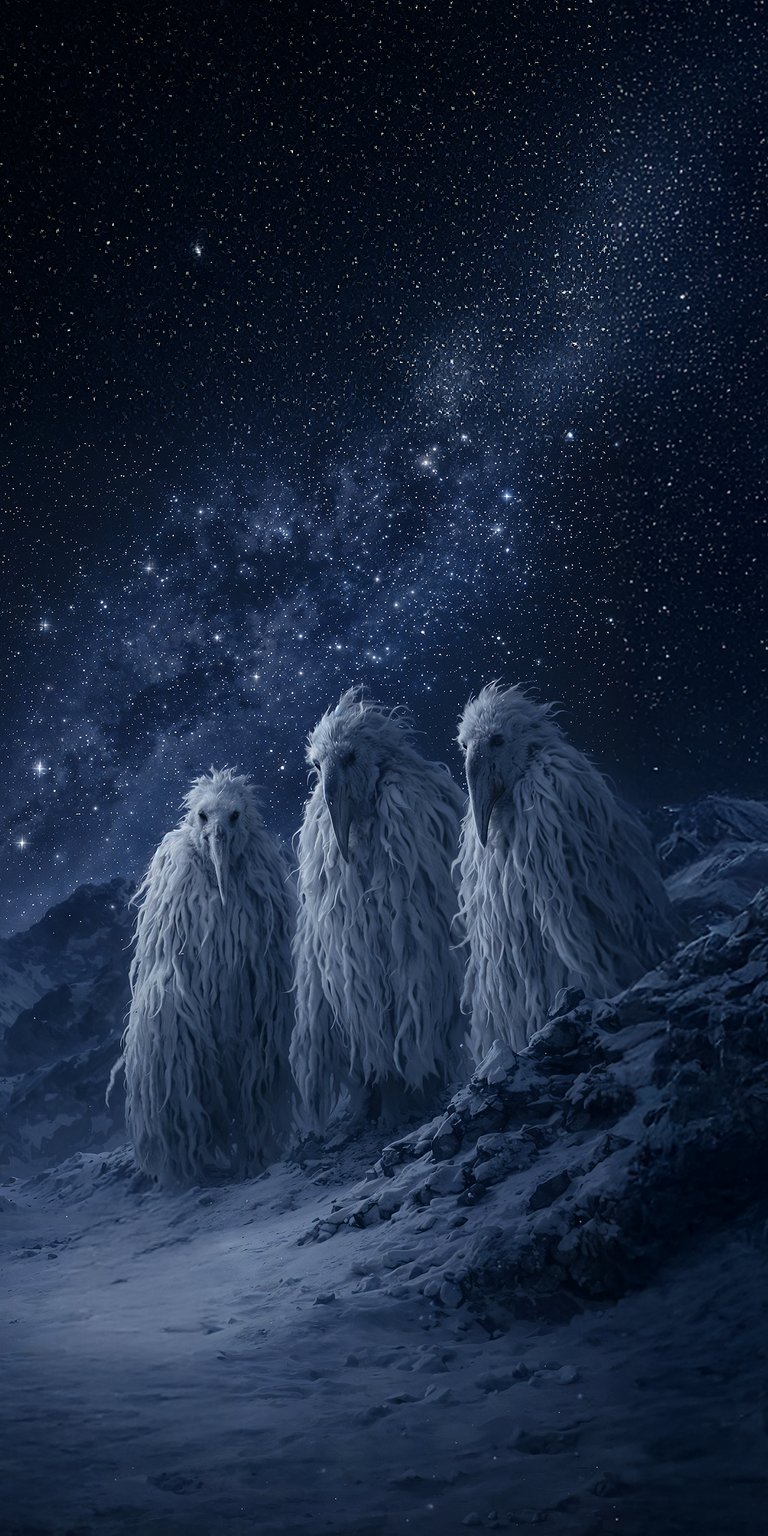 Download this Alien Plauge Doctors wallpaper in 4K for your iPhone today. Set against a star filled sky, these haunting bird-like humanoids with shaggy white fur make a unique wallpaper.