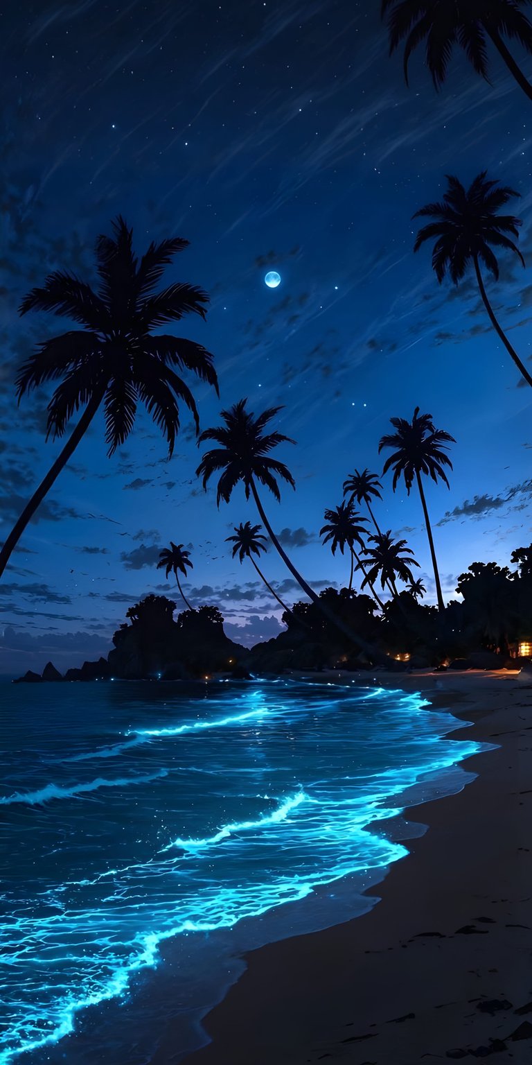 Capture the magic of glowing waves and palm trees with this bioluminescent nature 4K wallpaper. Transform your phone with this vibrant 4K wallpaper showcasing a neon blue shoreline and a tropical island night.