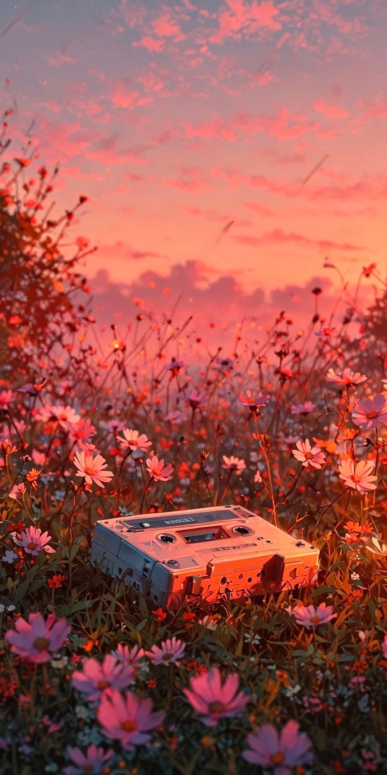 Download this aesthetic cassette tape 4K wallpaper for your iPhone today! The vintage tape rests among pink wildflowers under a beautiful, pink sunset sky, making it a perfect wallpaper.