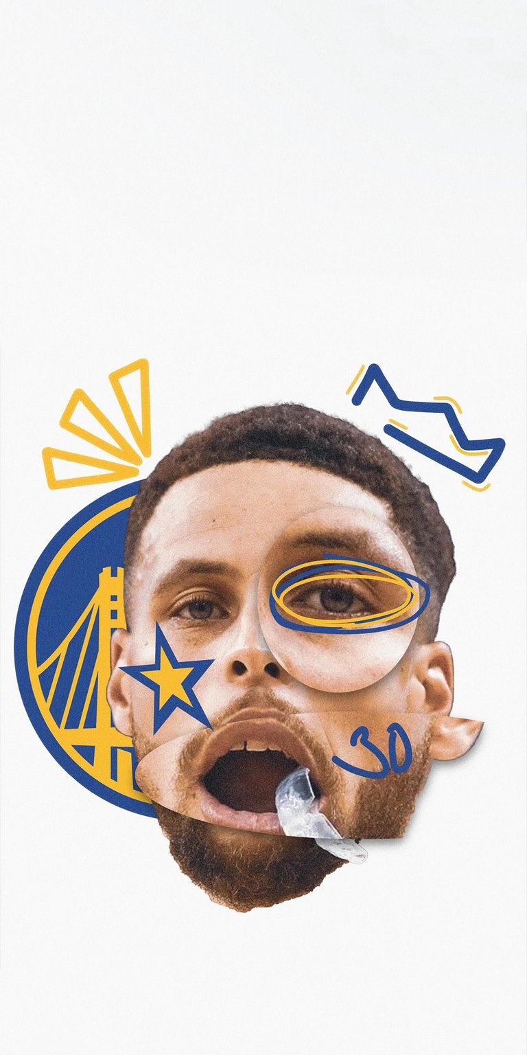 Download this Stephen Curry 4K wallpaper for your iPhone today; it features a digital collage, a blue and yellow star over his eye, and his #30 on the side of his head. This stunning wallpaper captures his essence with eye-catching details.