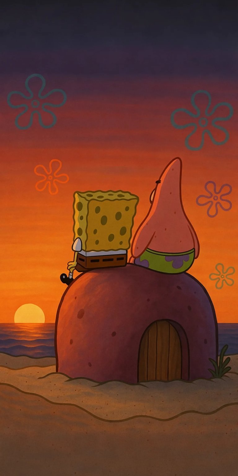 SpongeBob and Patrick Star sitting on rock house iPhone wallpaper 4K