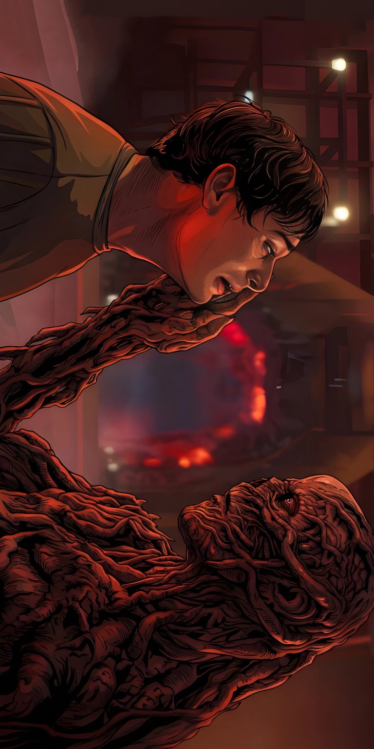 Download this Will Byers and Vecna 4K wallpaper for your iPhone, showcasing Will looking down at Vecna whose skin appears to be made of twisted vines, with a fiery red Upside Down background. This wallpaper captures an intense scene, perfect for fans of Stranger Things.