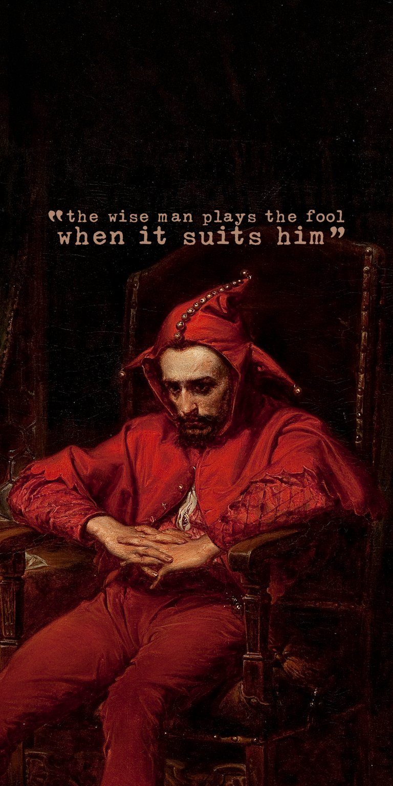 Download this stunning Jester 4K wallpaper for your iPhone, featuring a man in red attire sitting on a dark wooden chair. This wallpaper showcases the jester with his hands clasped together and a quote above him.