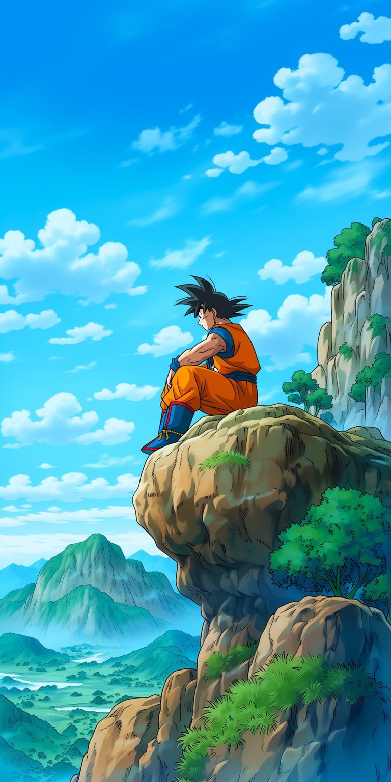 Goku Cliff 4K wallpaper featuring a calm sky, rocky cliff edge, and vibrant anime colors. This aesthetic wallpaper brings peaceful yet powerful anime energy to your iPhone lock screen and home screen wallpaper setup.