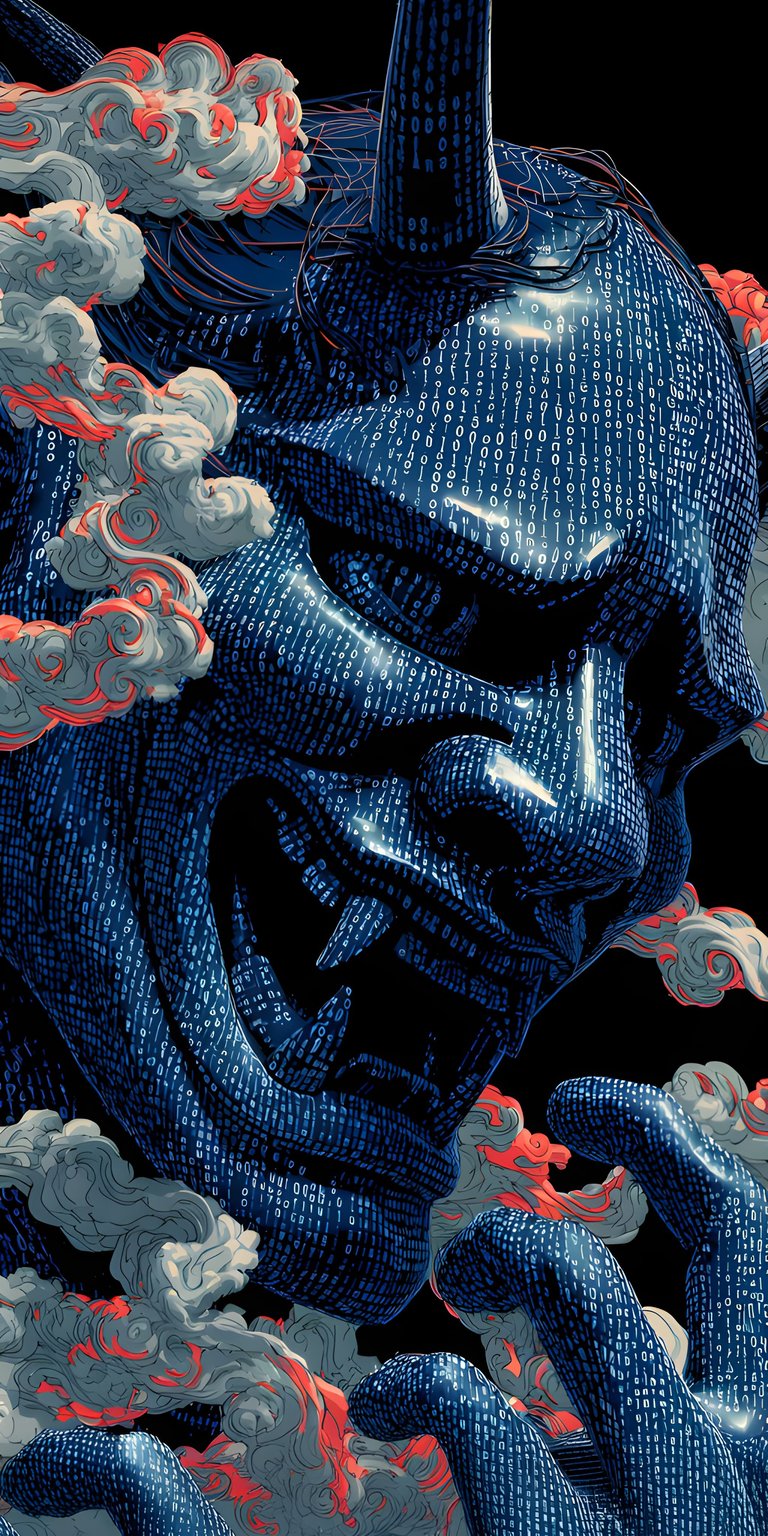Download this fierce Oni Mask 4K wallpaper for your iPhone, showcasing the intricate details of the mask. The wallpaper highlights the digital binary code texture and the stylized clouds with red outlines.