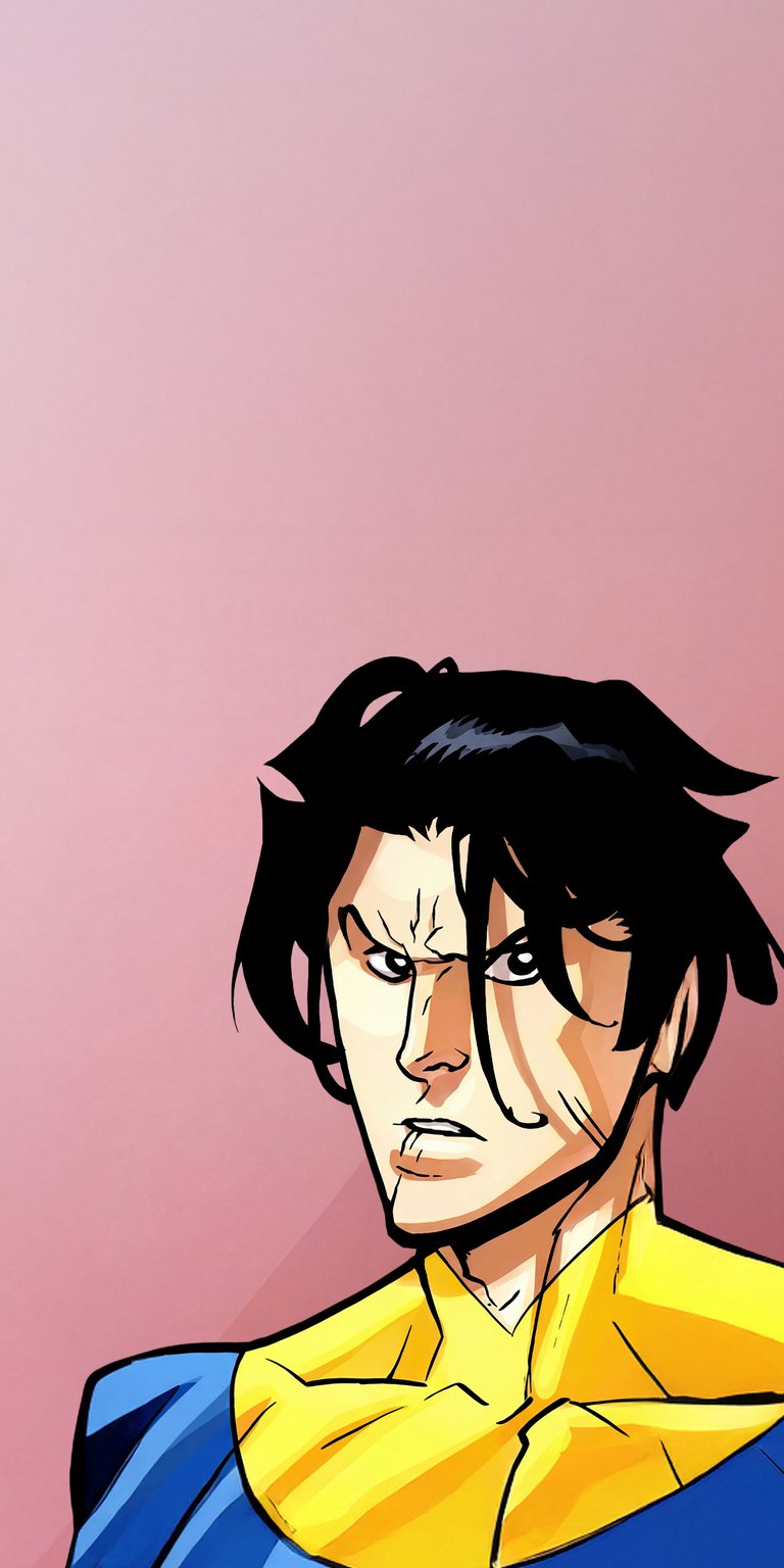 Invincible Variant portrait wallpaper presented as an aesthetic wallpapers style wallpaper for iPhone, focused on a dramatic illustrated close-up. This wallpaper features soft pink background tones, bold comic shading, and an intense, determined mood with clear depth.